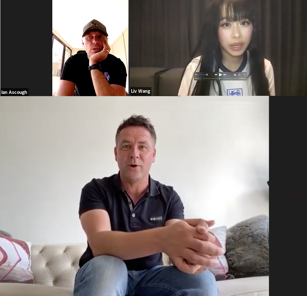 Ex-England, Real Madrid & Liverpool player Michael Owen with Ian Ascough being interviewed by Liv Wang for Chinese podcast platform Ximilaya